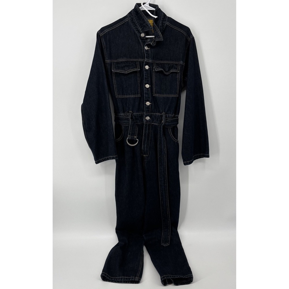 Signature 8 Denim Navy Jumpsuit Belted Waist Womens Size Medium Long Sleeve